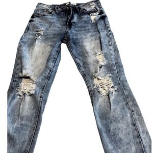 Almost Famous Womens High Rise Acid Wash Distressed Mom Jeans Light Blue Size 5